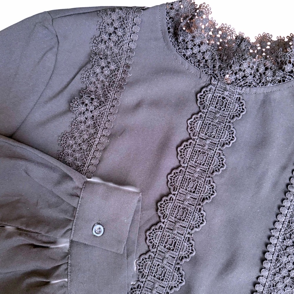 Black Victorian Lace Blouse High Neck Long‎ Sleeve Gothic Romantic Top Dressy LG